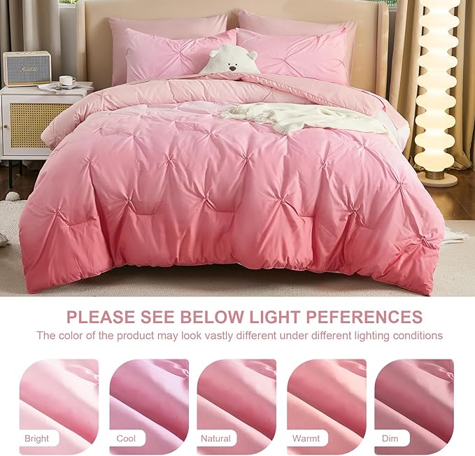 Dinjoy Ombre Comforter Set Full Size, 7-Piece Bed in a Bag for Kid Teen, Pintuck Colorful Rainbow Bedding Sets with Comforter, Flat Sheet, Fitted Sheet and Pillowcases & Shams, Pink