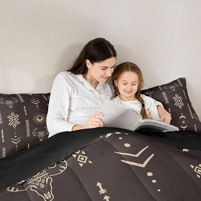 Feelyou Kids Western Decor Comforter Set Southwestern Bedding Set Queen Size Bedroom Decor Longhorn Skull Sun Moon Wild Western Cowboy Geometric Comforter Brown Duvet Set with 2 Pillow Case