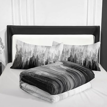 Grey Black White Gradient Print Comforter Set Queen Size,Abstract Art Bedding Set,Patchwork Printed Quilted Set for Teens Adult,with 1 Comforter and 2 Pillow Case