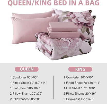 Dobuyly Pink King Size Comforter Set 7 Piece Bed in a Bag, Blush Floral Printed on Light Pink Comforter Set with Sheets, Soft Microfiber Botanical Flower Bedding Set for All Season