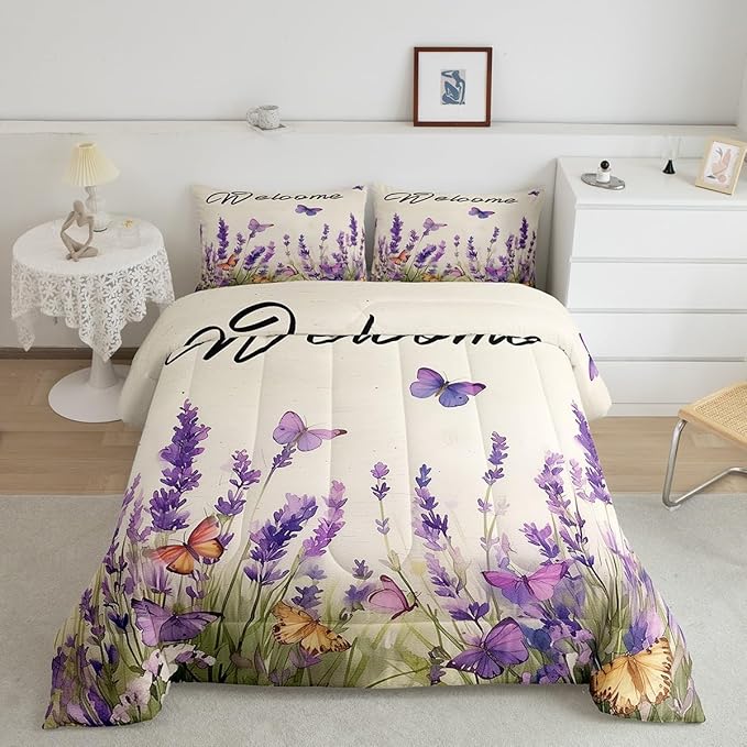 Erosebridal Purple Lavender Bedding Set Full Spring Watercolor Flowers Butterfly Comforter Set for Kids Girls Women Aesthetics Garden Style Floral Down Comforter Rustic Farmhouse Quilt Duvet