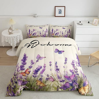 Erosebridal Purple Lavender Bedding Set Full Spring Watercolor Flowers Butterfly Comforter Set for Kids Girls Women Aesthetics Garden Style Floral Down Comforter Rustic Farmhouse Quilt Duvet