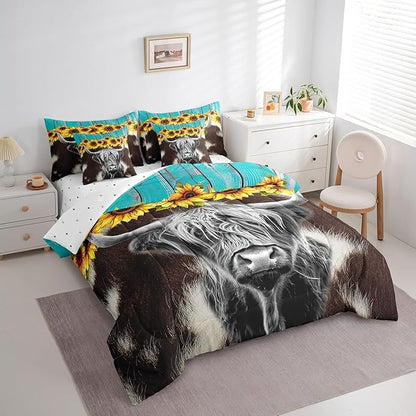 Erosebridal Highland Cow 7 Pcs Comforter Set Full (Not Real) Cowhide Bed in a Bag Sunflower Floral Duvet Set Cow Fur Print Flat Sheet Rustic Blue Wooden Barn Door Quilt Funny Farm Animals Bedding
