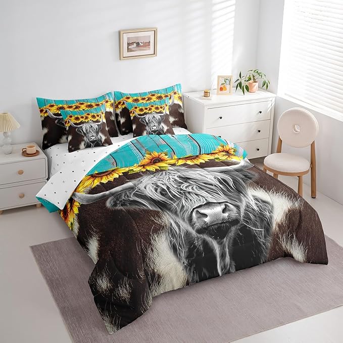 Erosebridal Highland Cow 7 Pcs Comforter Set Queen (Not Real) Cowhide Bed in a Bag Sunflower Floral Duvet Insert Cow Fur Flat Sheet Rustic Blue Wooden Barn Door Quilt Funny Farm Animals Bedding Set