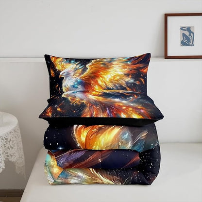 Manfei Phoenix Comforter Twin for Kids Adults Youth,Rainbow Birds Wildlife Colorful Feather Quilt Comforter Room DecorGlitter Galaxy Universe Quilted Duvet Duvet Insert,1 Pillowcase
