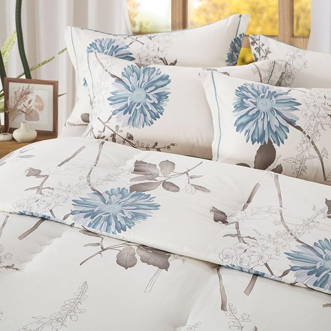 Comforter King Size Set – White Blue Floral Brown Leaf Bedding, Soft & Breathable Cotton Shell Comforter, All-Season Down-Alternative Filling, 1 Comforter & 1 Pillow Sham