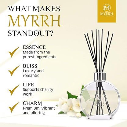 Arabian Jasmine Scented Reed Diffuser Set with 8 Rattan Diffuser Sticks, 150 ml, All Natural Air Freshener, Long-Lasting Diffusers at Home - MyrrhUSA