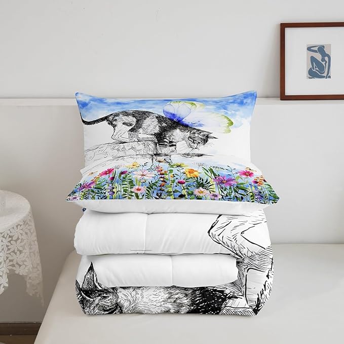 Erosebridal Cat Comforter Colorful Flower Bedding Set Cute Pet Animal Down Full Butterfly Floral Leaves Plant Duvet Black and White Kawaii Farmhouse Room Decor Blue 3Pcs Warm Soft