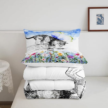 Erosebridal Cat Comforter Colorful Flower Bedding Set Cute Pet Animal Down King Butterfly Floral Leaves Plant Duvet Black and White Kawaii Farmhouse Room Decor Blue 3Pcs Warm Soft