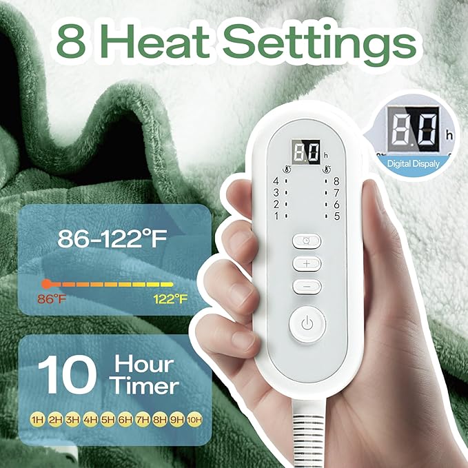 Full Size Electric Blanket Heated, Double-Sided Flannel＆Sherpa Heated Blanket with 8 Heat Levels & 10 Hours Auto Off, Fast Heating Blankets Machine Washable with ETL & FCC Certified, Green
