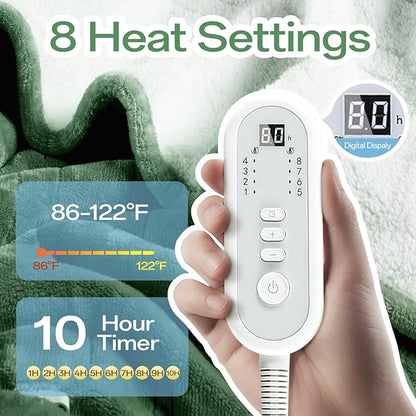 Full Size Electric Blanket Heated, Double-Sided Flannel＆Sherpa Heated Blanket with 8 Heat Levels & 10 Hours Auto Off, Fast Heating Blankets Machine Washable with ETL & FCC Certified, Green