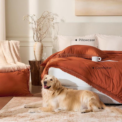 Andency Twin Comforter Set Burnt Orange, 2 Pieces Terracotta Boho Tassel Kids Comforter Sets for Boys Girls Teens, All Season Rust Soft Bed Set (66x90In Comforter & 1 Pillowcase)