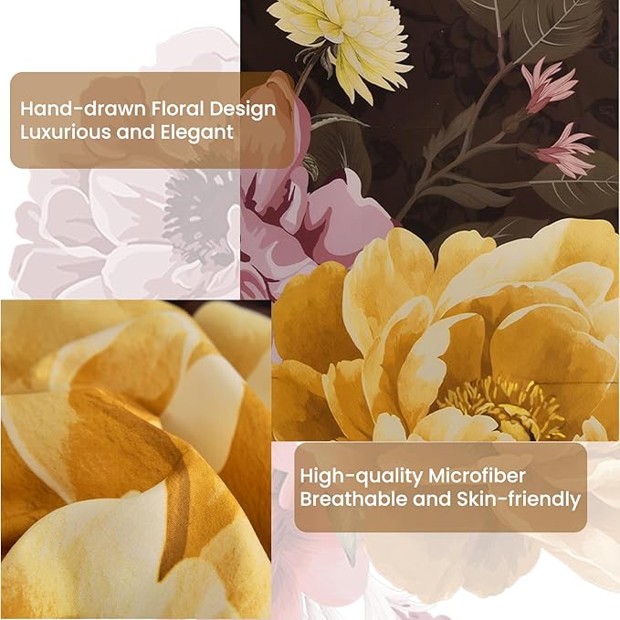 WONGS BEDDING 7 Pieces Comforter Set King Size, Floral Botanical Bed in a Bag Brown Flower Bedding Set, Soft Microfiber for All Season with Pillowcases & Shams,Sheets(90"×104")