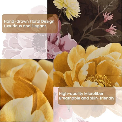 WONGS BEDDING 7 Pieces Comforter Set Queen Size, Floral Botanical Bed in a Bag Brown Flower Bedding Set, Soft Microfiber for All Season with Pillowcases & Shams,Sheets(90"×90")