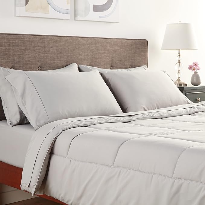 Sweet Home Collection 7 Piece Comforter Set Bag Solid Color All Season Soft Down Alternative Blanket & Luxurious Microfiber Bed Sheets, Silver, Full