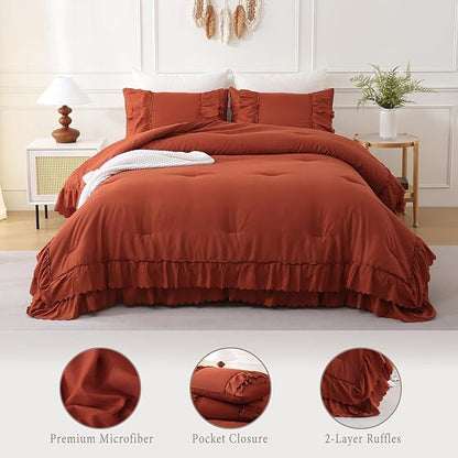 Herside Brick Red Ruffle Comforter Set King Size,Shabby Chic Boho Bedding Sets, Soft Fluffy Comforters Sets for All Season,Vintage Ruffled 3 Pcs Microfiber Lightweight Quilt Set for Women Girls