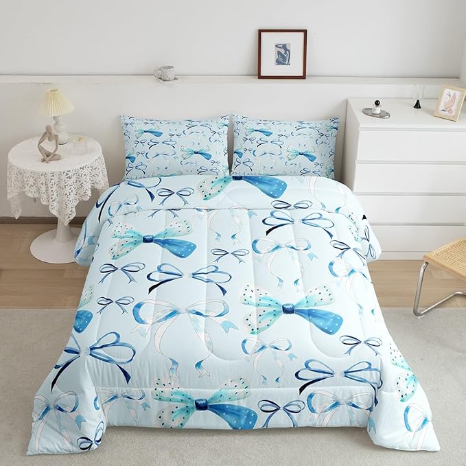 Feelyou Bow Bedding Set for Boys Girls Toddler Size - Cute Bowknot Comforter Set for Kids Women Men - Ultra Soft Blue Duvet Set - Kawaii Room Decor Lovely Quilt Set