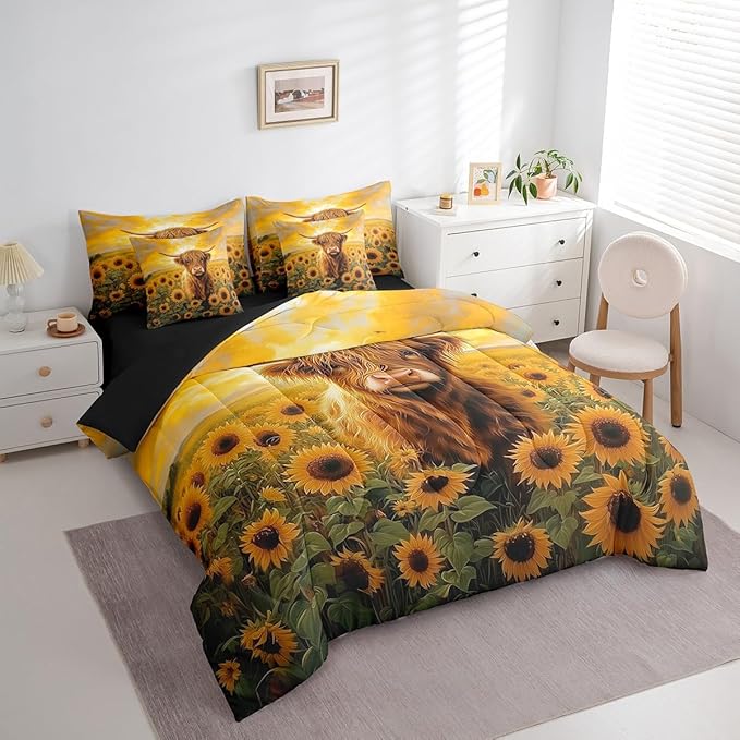 Erosebridal 7Pcs Highland Cow Decor Twin Comforter Set Sunflower Cow Print Bedding Rustic Animal Farmhouse Theme Comforter + Flat Sheet + Fitted Sheet + 2 Pillowcases + 2 Throw Pillow Covers