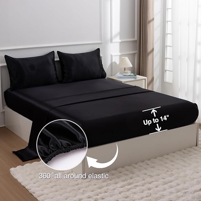 A Nice Night 5PCS Satin Silky Soft Quilt Luxury Super Soft Microfiber Bedding Thin Comforter Set Queen,Black