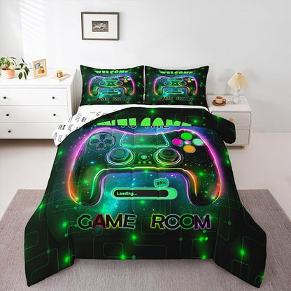 jejeloiu Cool Gamer Bedding Set Toddle Size for Boys 3D Gaming Comforter Set Kids Teens Bright Green Duvet Set Modern Game Console Quilt Set 2Pcs