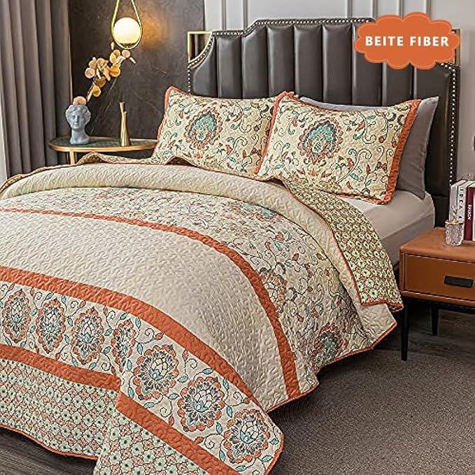 Bohemian Queen Size Quilt Comforter Sets 3 Pieces Quilts (1 Quilt, 2 Pillow Shams) Nordic Bedding Set Printed Coverlet with Pillowcase Lightweight Bedspread Set for All Seasons