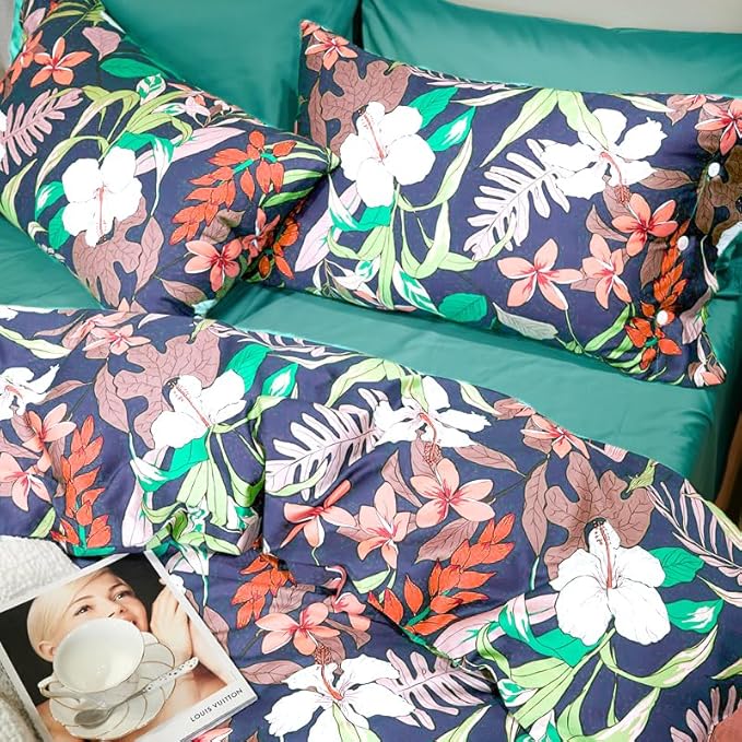 mixinni Floral Comforter Set Full Size Bed Garden Style Vibrant Colored Botanical Flower 3-Piece Bedding Set for Teens Kids