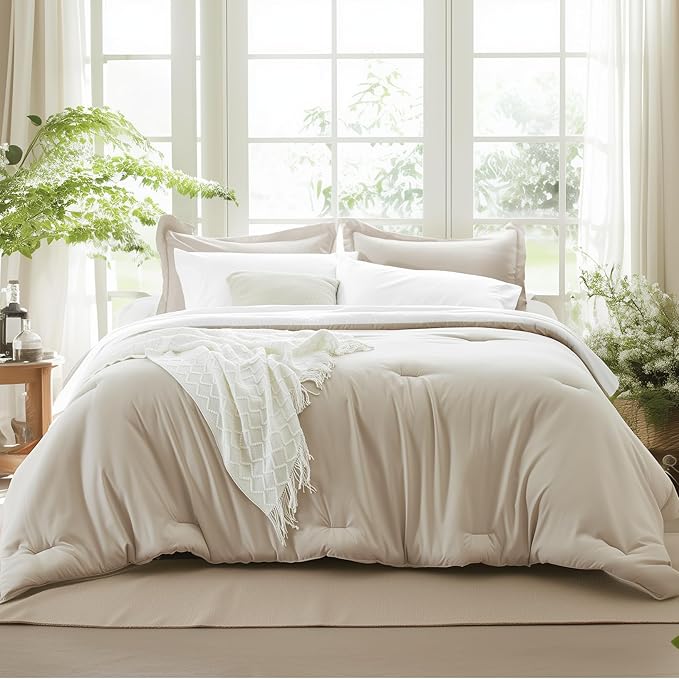 Beige Comforter Set Queen Reversible Bedding Set, 7 Pieces Soft Bed in a Bag Queen with Comforter, Sheets, Pillowcases & Shams, All Seasons Boho Queen Bed Set