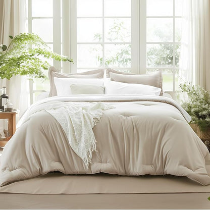 Beige Comforter Set Queen Reversible Bedding Set, 7 Pieces Soft Bed in a Bag Queen with Comforter, Sheets, Pillowcases & Shams, All Seasons Boho Queen Bed Set