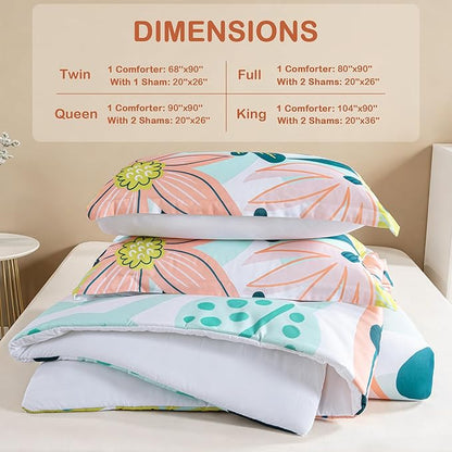 Boho Floral Queen Comforter Set - 3 Piece Farmhouse Botanical Bedding Comforter Sets for All Season Soft Lightweight Mid Century Bed Set, (1 Reversible Comforter and 2 Pillow Shams