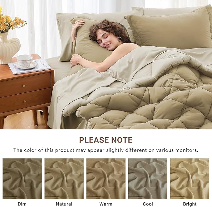 MUXHOMO 7 Pieces California King Comforter Set, Reversible Bed in a Bag Cal King Size, All Season Bedding Set with Comforter, Flat Sheet, Fitted Sheet, Pillowcases & Shams, Khaki & Linen