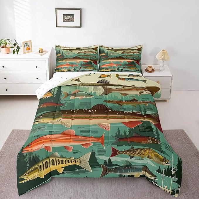 Erosebridal Fish Theme Twin Comforter Set,Fishing Lake House Bedding Sets for Kids Boys Girls,Big Bass Pike Fish Quilt Bed Set,Rustic Cabin Farmhouse Bedroom Decor,1 Pillowcase Breathable