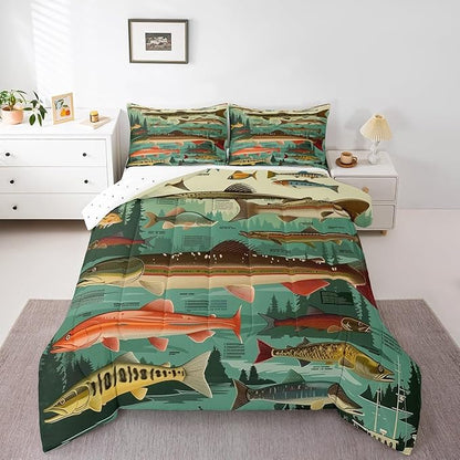Erosebridal Fish Theme King Bedding Set,Fishing Lake House Comforter Set for Kids Boys Men,Big Bass Pike Fish Comforter,Rustic Cabin Farmhouse Bedroom Room Decor,2 Pillowcases Breathable