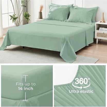 HYMOKEGE Sage Green California King Comforter Set Seersucker 7 Pieces, All Season Luxury Bed in a Bag for Bedroom, Bedding Set with Comforters, Sheets, Pillowcases & Shams