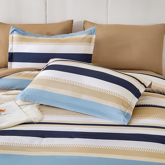 WONGS BEDDING King Size Comforter 7 Pieces, Khaki and Blue King Comforter Set with Sheets, Striped Bed in a Bag Boho Lightweight Bedding Set for All Seaon (104"x90")