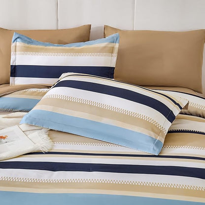 WONGS BEDDING King Size Comforter 7 Pieces, Khaki and Blue King Comforter Set with Sheets, Striped Bed in a Bag Boho Lightweight Bedding Set for All Seaon (104"x90")