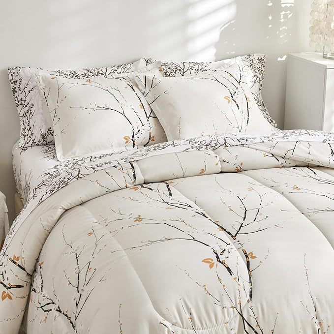 Cream White Bed in a Bag Queen 7 pc Branch Style All Season Soft Microfiber Reversible Bed Comforter Set (1 Comforter 2 Pillow Shams 1 Flat Sheet 1 Fitted Sheet 2 Pillowcases)