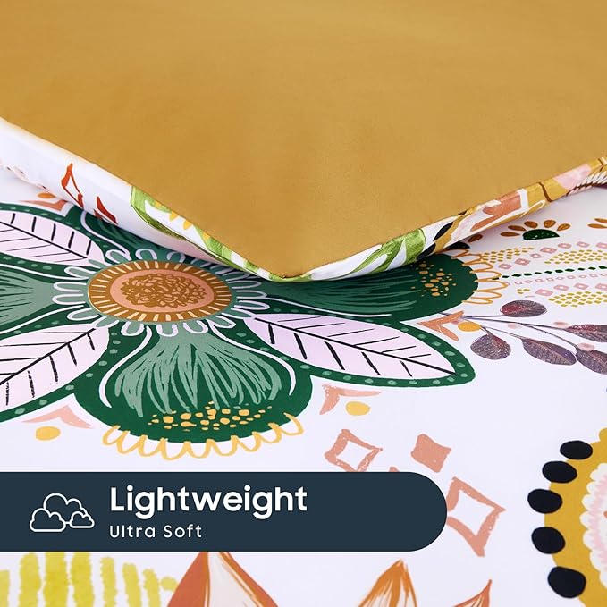 Wake In Cloud - Boho Comforter Set, Floral Farmhouse Botanical Western Style with Colorful Flowers and Tropical Leaves, Soft Lightweight Bedding, 3 Pieces, Amber Gold, Twin/Twin XL Size