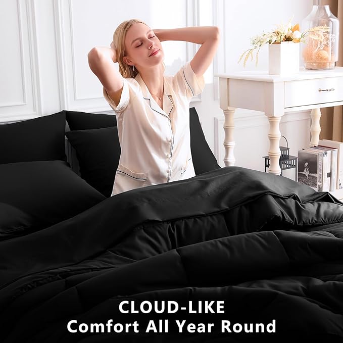 CozyLux Twin XL Comforter Set Black, 5 Pieces Twin Extra Long Bed in a Bag for College Dorm, All Season Bedding Set with Stitch Quilted Comforter, Flat Sheet, Fitted Sheet, Pillowcases