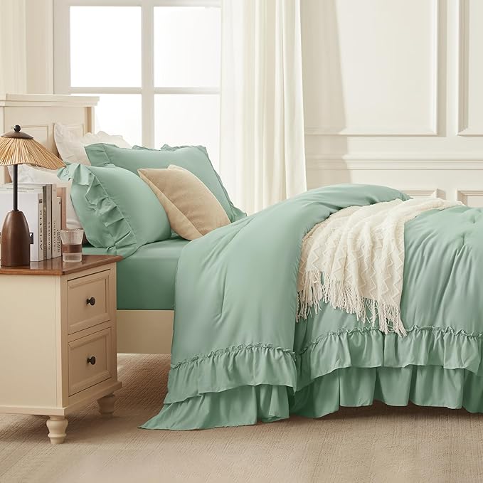 Andency Sage Green King Comforter Set, 3 Pieces Farmhouse Shabby Chic Ruffle Solid Comforter Sets, Lightweight Fluffy Soft Microfiber All Season Bed Set(104x90Inch)