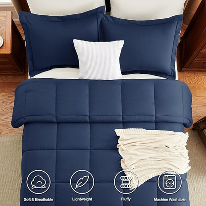 CozyLux Queen Size Comforter Set - Navy Blue Comforter Queen Size, 3 Pieces Box Stitched Bed Set for All Seasons, Soft Lightweight Bedding Sets with 1 Down Alternative Comforter and 2 Pillow Shams