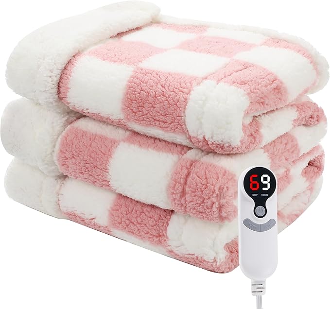 Electric Heated Blanket Full Size 72"×84" with 9 Heating Levels & 1-10Hs Auto Off, Checkered Plaid Double Sided Sherpa, Energy Efficient, Machine Washable, for Couch & Bed, Light Pink