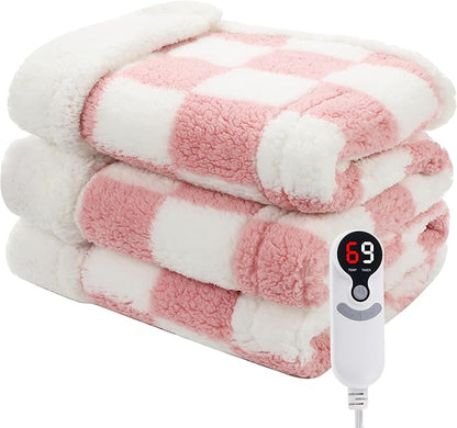 Electric Heated Blanket Full Size 72"×84" with 9 Heating Levels & 1-10Hs Auto Off, Checkered Plaid Double Sided Sherpa, Energy Efficient, Machine Washable, for Couch & Bed, Light Pink