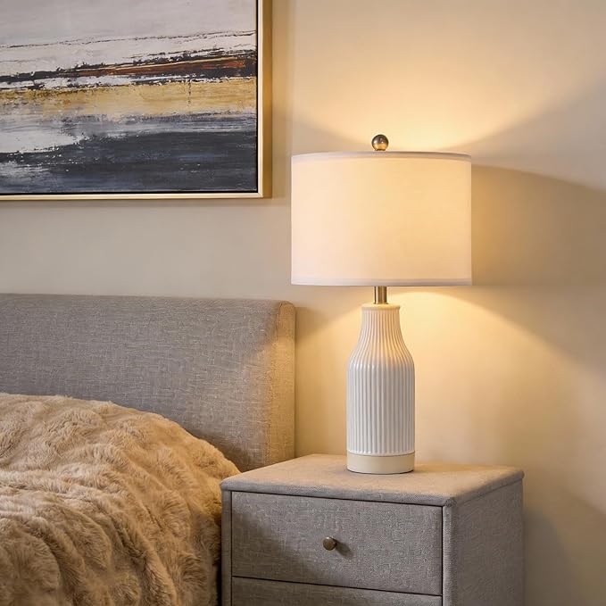 23.75" Modern Ceramic Table Lamps Set of 2, Stylish Bedside Lamps for Bedroom, Gorgeous Lamps for Nightstand, Lamps for Living Room, Farmhouse End Table Lamps, Cream Home Decor
