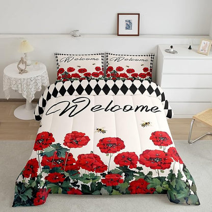 Erosebridal Spring Geranium Flowers Down Comforter Full Rustic Farmhouse Plaid Floral Bedding Sets Country Garden Style Comforter Set for Teen Girls Women,Pastoral Bee Quilt Duvet Cabin Decor