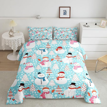 Cute Snowman Comforter Set Twin Size Cartoon Christmas Tree Bedding Set 2Pcs Red White Dots Print Theme Quilt Set for Kids Girls Boys Room Decor Watercolor Blue Duvet Insert,1 Pillowcase
