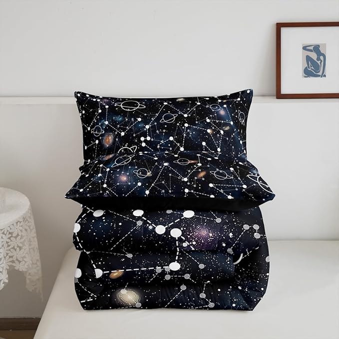 Erosebridal Starry Sky Comforter Set Queen Size Constellation Bedding Set Galaxy Sun Moon Down Comforter Purple Universe Print Bedroom Decor Quilt Set for Kid Men Women