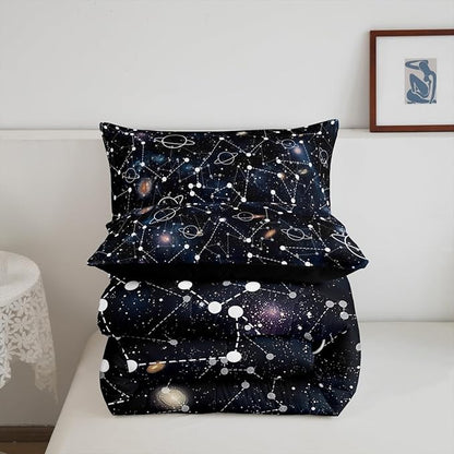 Erosebridal Starry Sky Comforter Set King Size Constellation Bedding Set Galaxy Sun Moon Down Comforter Purple Universe Print Bedroom Decor Quilt Set for Kid Men Women