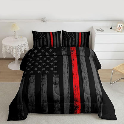 Erosebridal American Flag Comforter Set Twin Black Grey Red Line Flag Bedding Set for Men Boys Kids Girls Novelty Star Stripe Down Comforter Retro Vintage Flags Bedding Sets & Collections