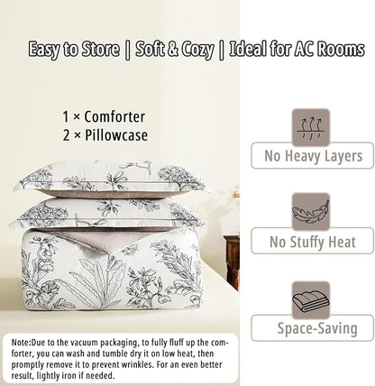 Floral Cotton Comforter Queen Size 3Pcs - Vintage Design with Luxurious Black Sketched Flowers & Leaves on Cream, Retro Taupe Reversible Lightweight Bedding Sets with Soft Fill(90"×90")