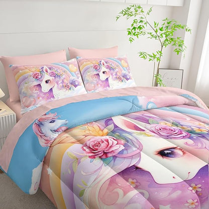 Kawaii Rainbow Unicorn Comforter Set Twin for Girls Kids,Cute Cartoon Unicorn 7 Pieces Bedding Sets for Girls Room Decor,Kawaii Down Alternative Comforter Set for All Season